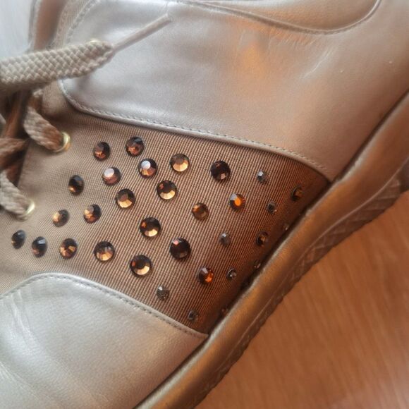 Gold Jeweled Leather Sneakers Runners Mesh Bling 90s - Picture 5 of 7